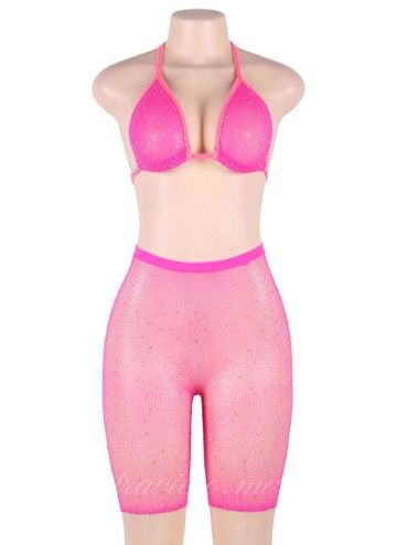 Pink Fishnet Rhinestone Bikini Top and Shorts Set