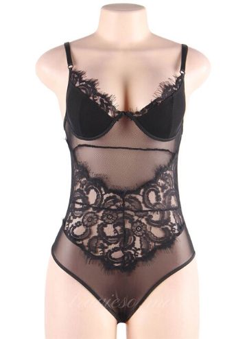 Black Lace Flower Eyelash Sexy Teddy