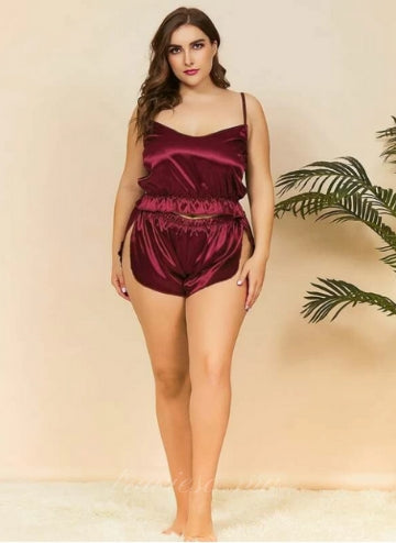 Red Plus Satin Cami With Split Side Shorts