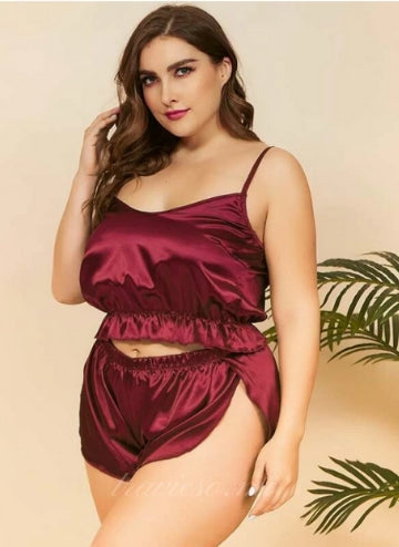 Red Plus Satin Cami With Split Side Shorts