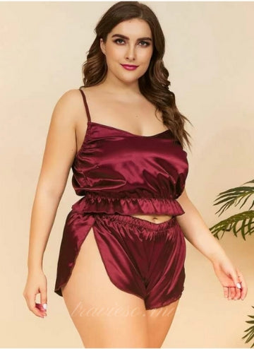 Red Plus Satin Cami With Split Side Shorts