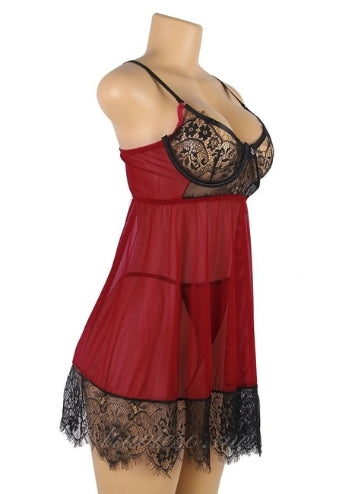 Sexy Eyelash Back split Babydoll Set With Underwire