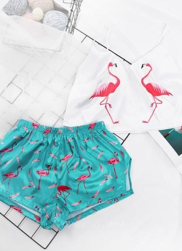 Flamingo Print Satin Pajama with Green Short