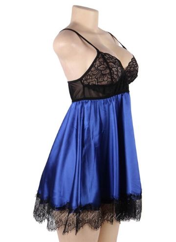 Blue Satin Sexy Babydoll With Eyepatch
