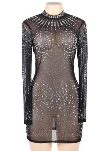 Black Mesh Rhinestone Sexy Dress