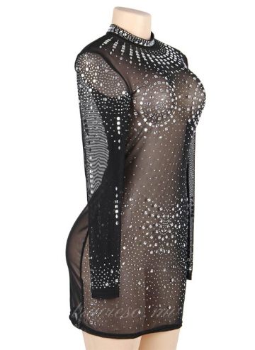 Black Mesh Rhinestone Sexy Dress