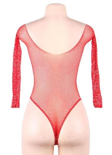 Red Long Sleeve Fishnet Off-the-shoulder Sparkle Bodysuit