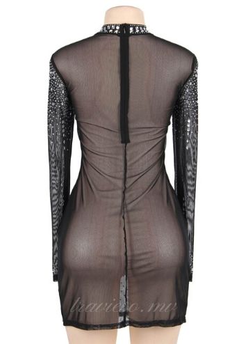 Black Mesh Rhinestone Sexy Dress