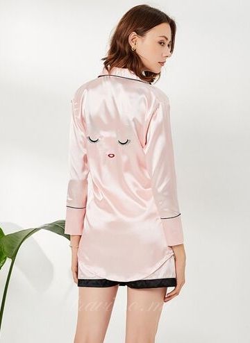 Pink Lapel Silk 3 Pcs Sleepwear