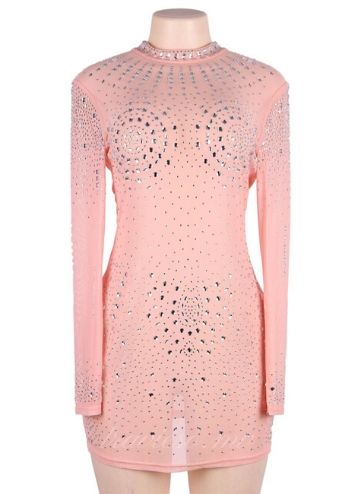 Nude Mesh Rhinestone Sexy Dress