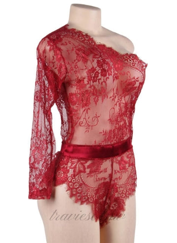 Red Lace Off-the-shoulder Long Sleeve Teddy