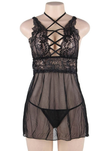 Elegant Black Lace Backless Babydoll