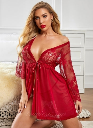Red Romantic Mesh Robe with Thong