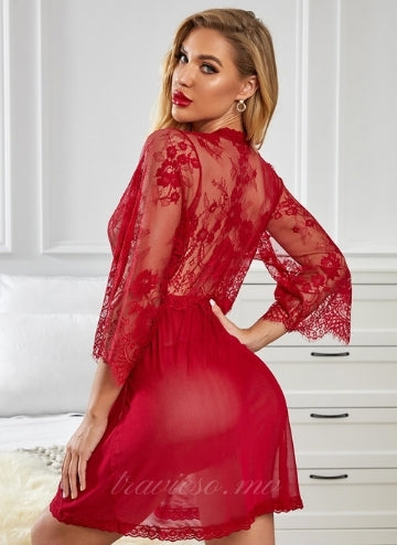 Red Romantic Mesh Robe with Thong