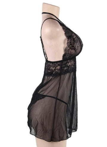 Elegant Black Lace Backless Babydoll