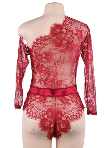 Red Lace Off-the-shoulder Long Sleeve Teddy