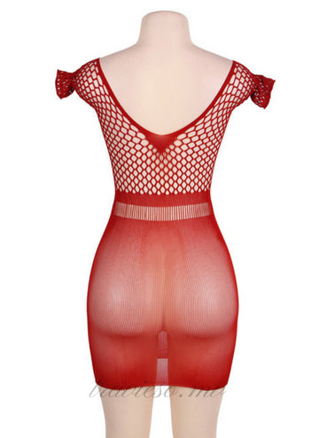 Red Mesh Hollow-out Chemise Bodystocking