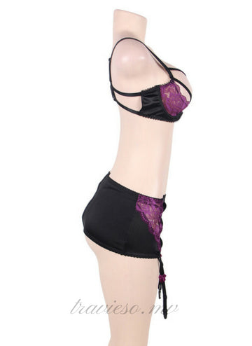 Purple And Black Open Bust Bra Set