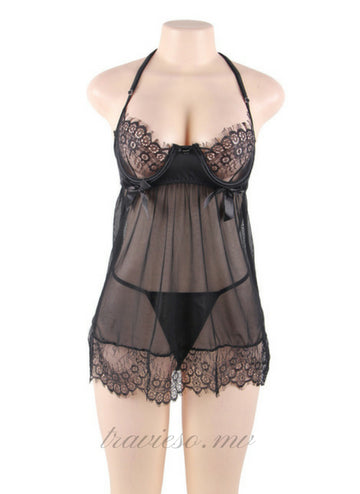 Sheer Floral Eyelash Trim Lace Babydoll Set