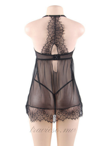 Sheer Floral Eyelash Trim Lace Babydoll Set