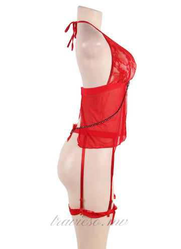 Sheer Mesh Babydoll Lingerie Garter Set