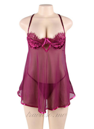 Velvet Scalloped Lace Trim Babydoll