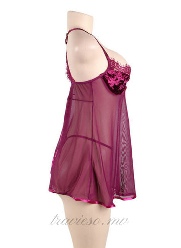Velvet Scalloped Lace Trim Babydoll