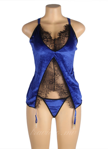 Blue Velvet Stitching Lace Sexy Garter Lingerie