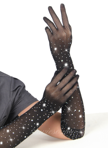Enchanting Black Glitter Rhinestone Gloves