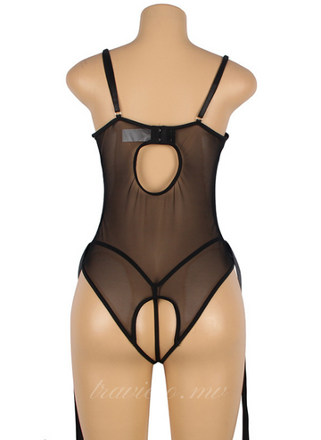 Black Leather Hollow Out Underwire Teddy