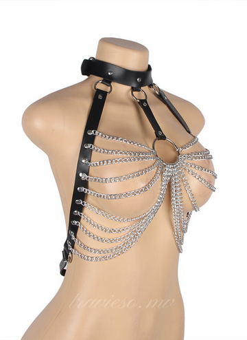 Wild black leather chest punk bondage belt with chain