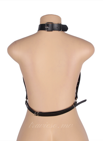Wild black leather chest punk bondage belt with chain