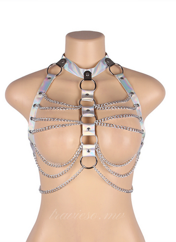 Silver Leather Chest Harness Straps Bras Chain