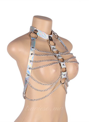 Silver Leather Chest Harness Straps Bras Chain