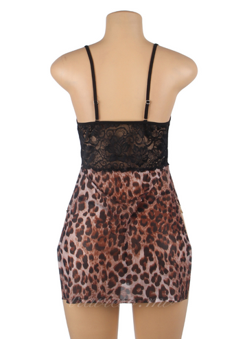 Leopard Print Lace Side Slit Babydoll With Chains