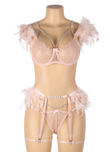 Pink Feather Lace Chain Sexy Bra Set