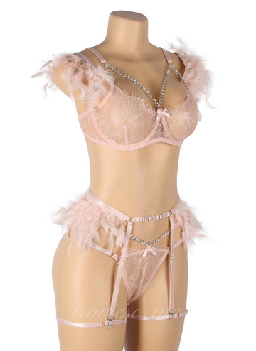 Pink Feather Lace Chain Sexy Bra Set