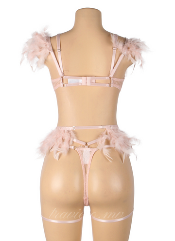 Pink Feather Lace Chain Sexy Bra Set