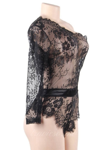 Black Lace Off-the-shoulder Long Sleeve Teddy