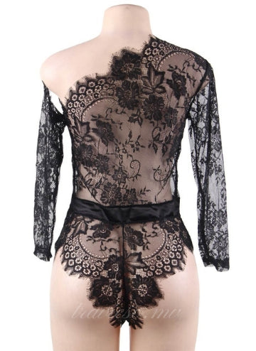 Black Lace Off-the-shoulder Long Sleeve Teddy