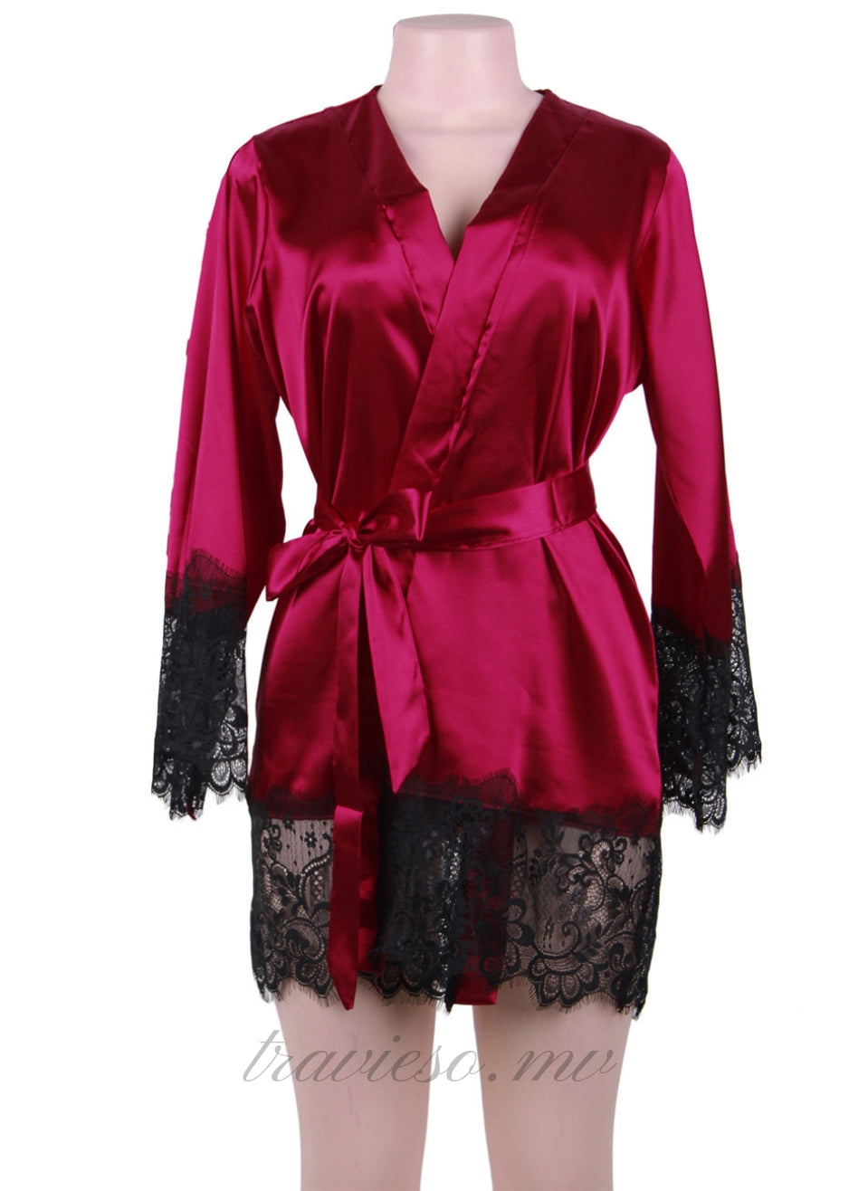 Wine Red Satin Lace Kimono