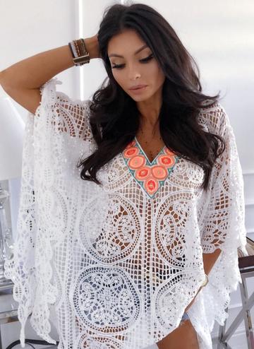 White Contrast V Neckline Beach Cover up