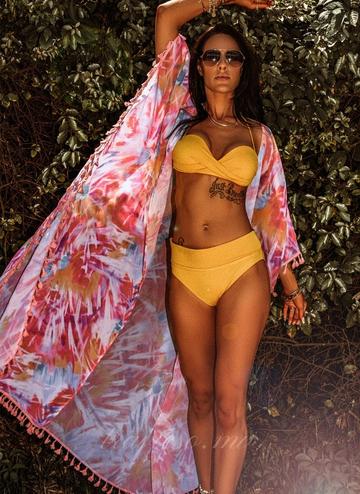 Multicolor Tie-dye Tassel Trim Kimono