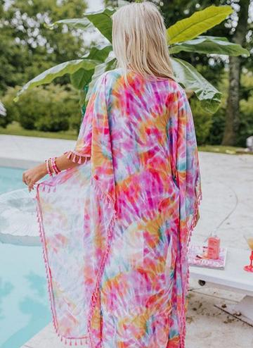 Multicolor Tie-dye Tassel Trim Kimono