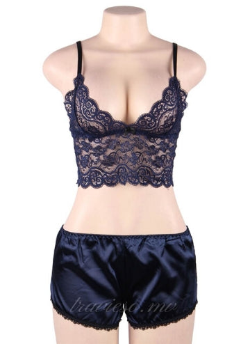 Blue Nightwear Lace Satin Top Pajama Sets