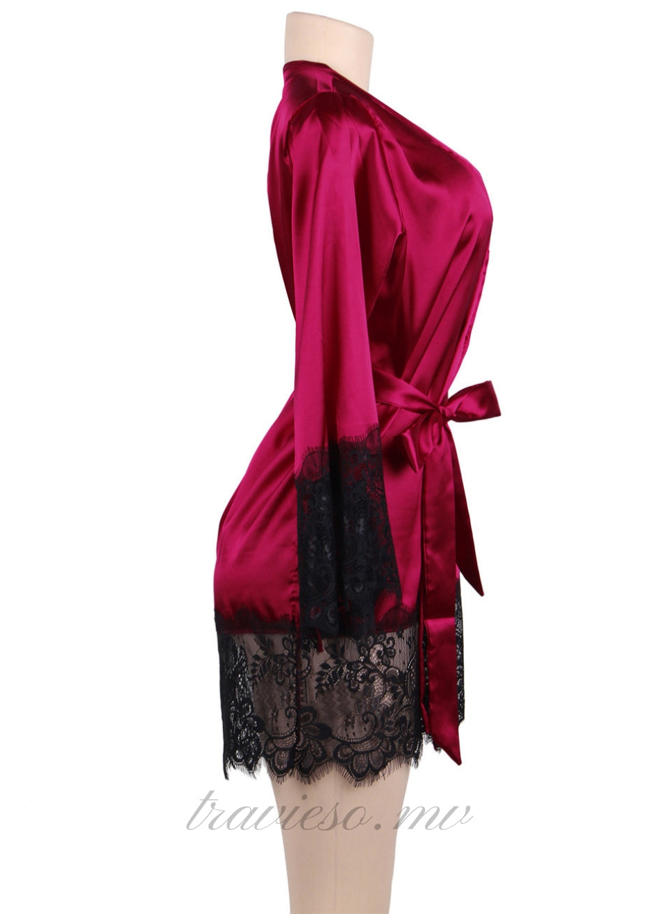 Wine Red Satin Lace Kimono