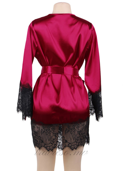 Wine Red Satin Lace Kimono