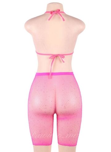 Pink Fishnet Rhinestone Bikini Top and Shorts Set