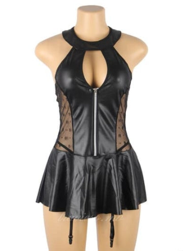 Black Halter Leather Lace Gartered Lingerie