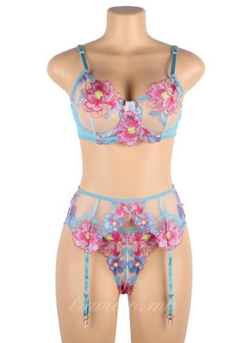 Floral Embroidery Underwire Garter Lingerie Set